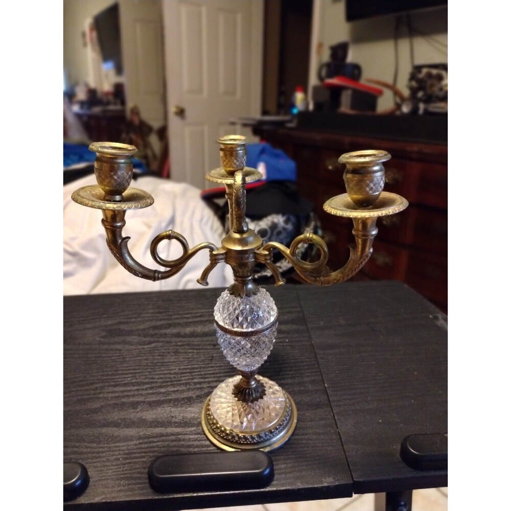 Vintage Brass Candle Holder 3 Arm Candelabra with Glass  9” Wide X 11” High Rare
